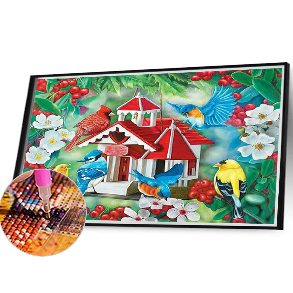 Bird House With Chirping Birds And Fragrant Flowers - Full Square Drill Diamond Painting 40*30CM