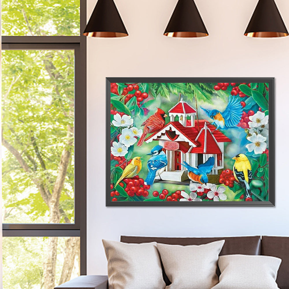 Bird House With Chirping Birds And Fragrant Flowers - Full Square Drill Diamond Painting 40*30CM