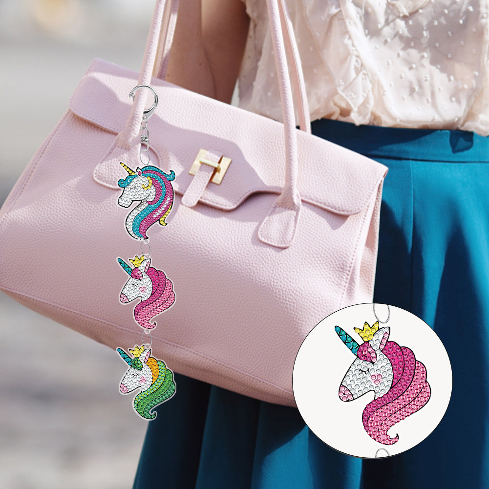 3 PCS Double Sided Diamond Art Keyring Unicorn for Adult Kid Purse Handbag Decor