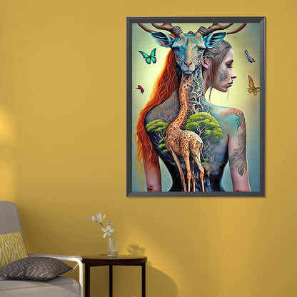 Girl With Giraffe Tattoo On Back - Full Round Drill Diamond Painting 50*60CM