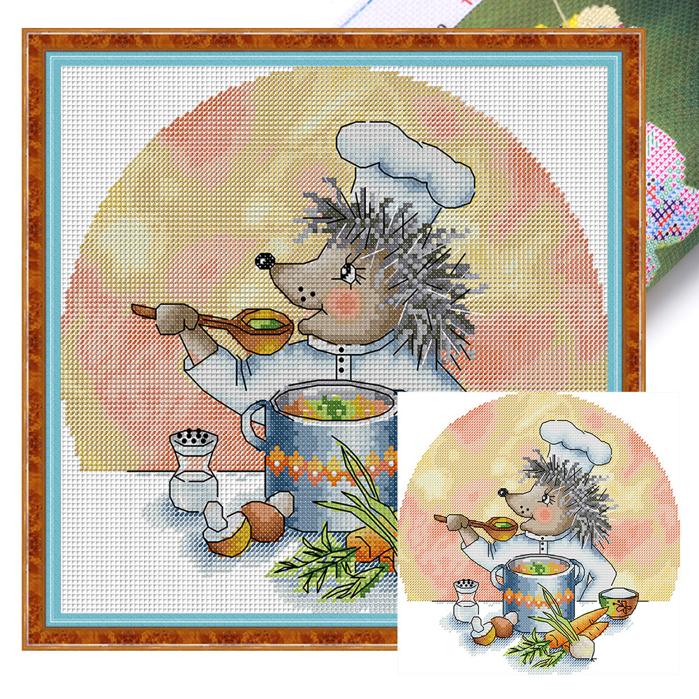 Hedgehog Chef - 14CT Stamped Cross Stitch 28*27CM(Joy Sunday)