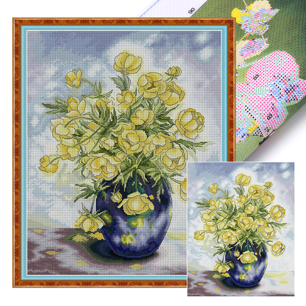 Yellow Camellia And Orchid Vase - 14CT Stamped Cross Stitch 42*53CM(Joy Sunday)