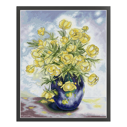 Yellow Camellia And Orchid Vase - 14CT Stamped Cross Stitch 42*53CM(Joy Sunday)