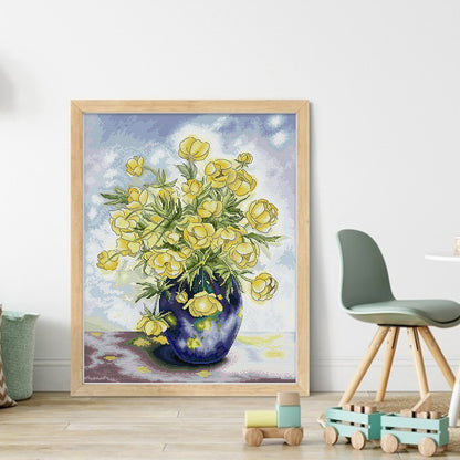 Yellow Camellia And Orchid Vase - 14CT Stamped Cross Stitch 42*53CM(Joy Sunday)