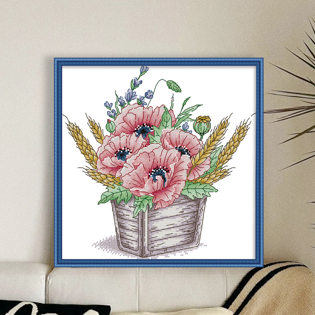 Poppy Flower Pot - 14CT Stamped Cross Stitch 30*29CM(Joy Sunday)