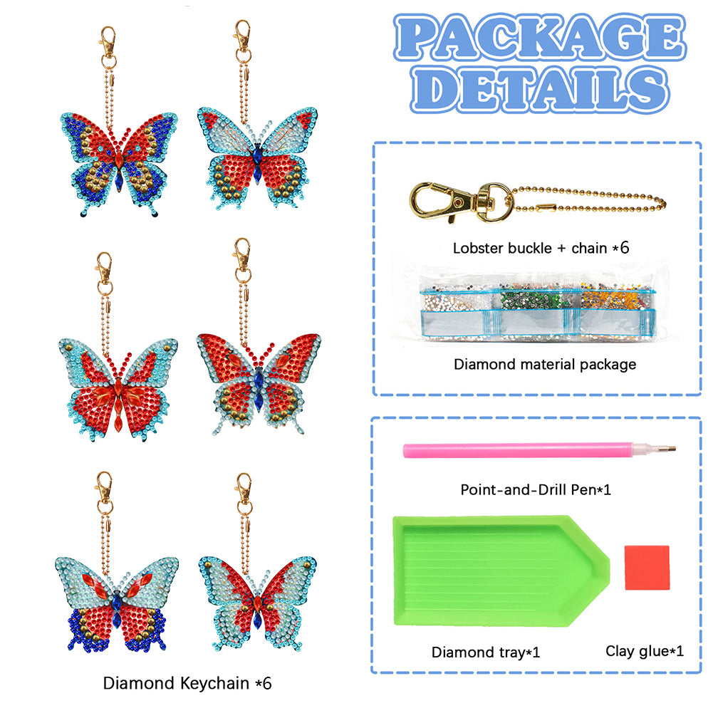 6PCS Double Sided Special Shape Diamond Art Keyring (Garden Butterfly)