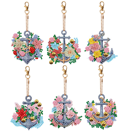 6PCS Double Sided Special Shape Diamond Art Keyring (Flower Anchor)