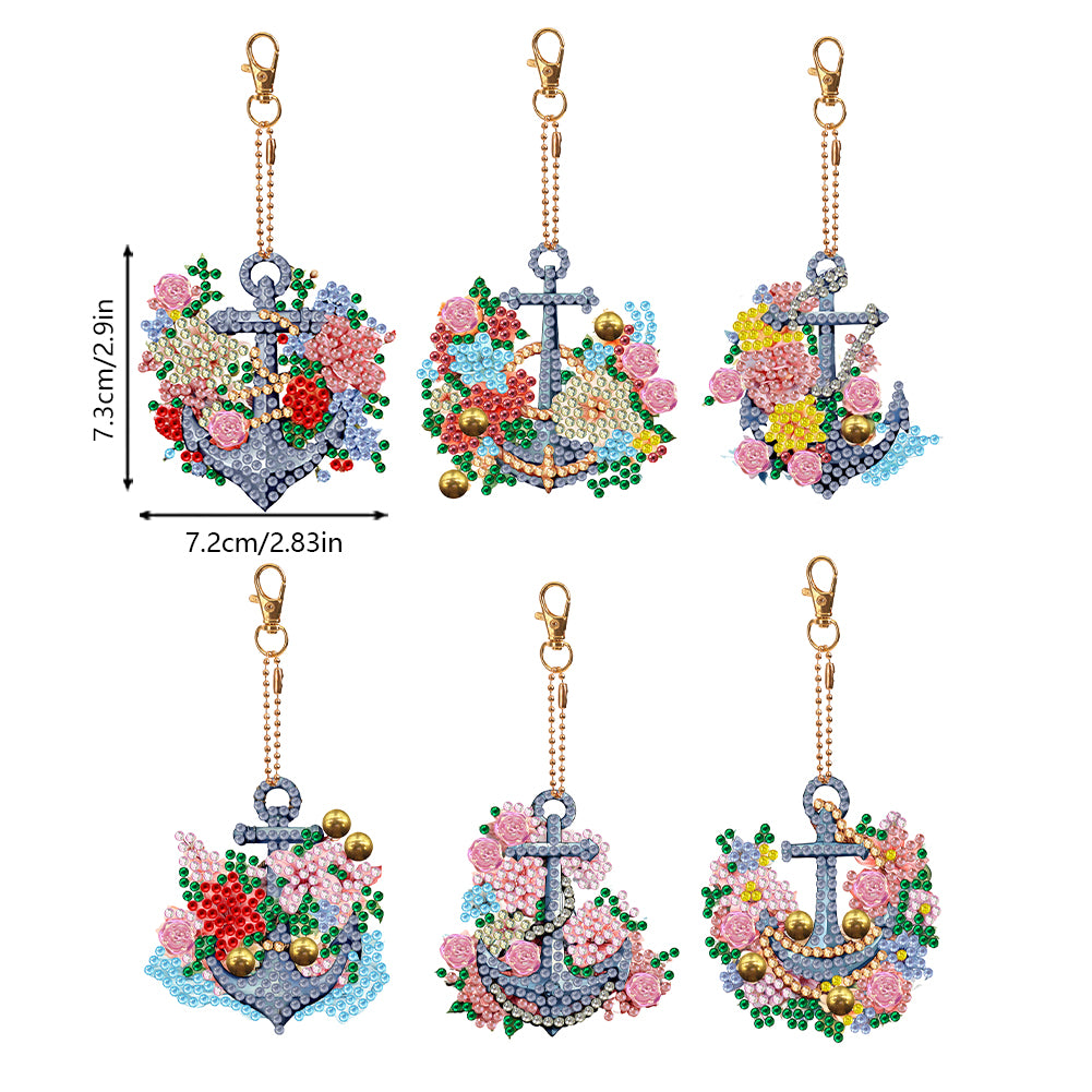 6PCS Double Sided Special Shape Diamond Art Keyring (Flower Anchor)