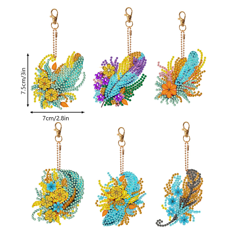 6PCS Double Sided Special Shape Diamond Art Keyring (Flower Feather)