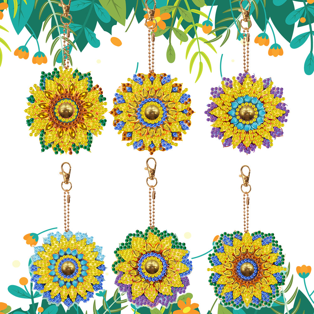 6PCS Double Sided Special Shape Diamond Art Keyring (Sunflower Mandala)