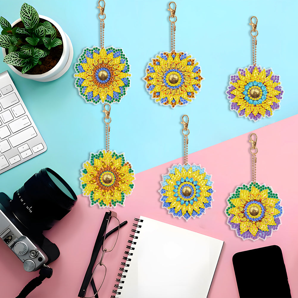 6PCS Double Sided Special Shape Diamond Art Keyring (Sunflower Mandala)