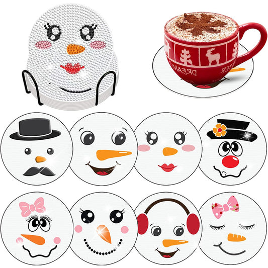 8PCS Diamond Painting Art Coaster Kit with Holder (Christmas Snowman)