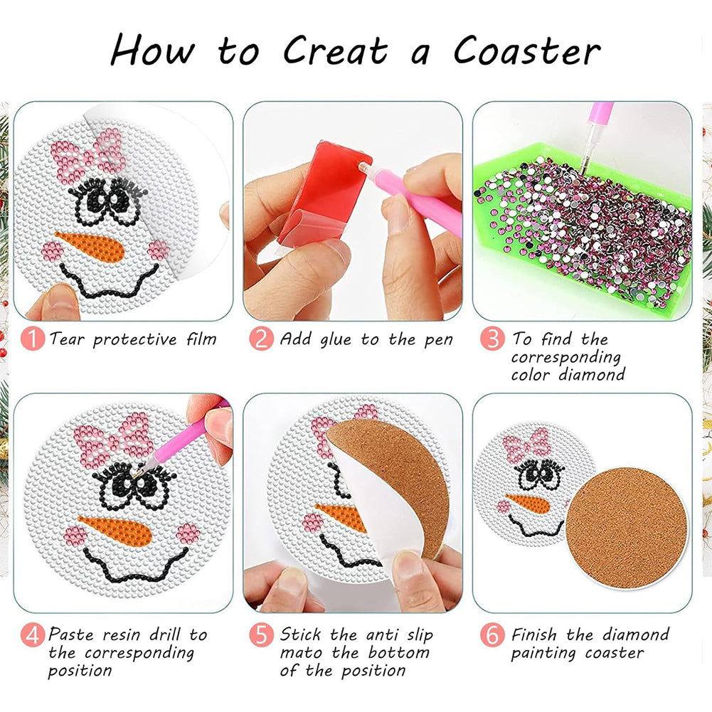 8PCS Diamond Painting Art Coaster Kit with Holder (Christmas Snowman)