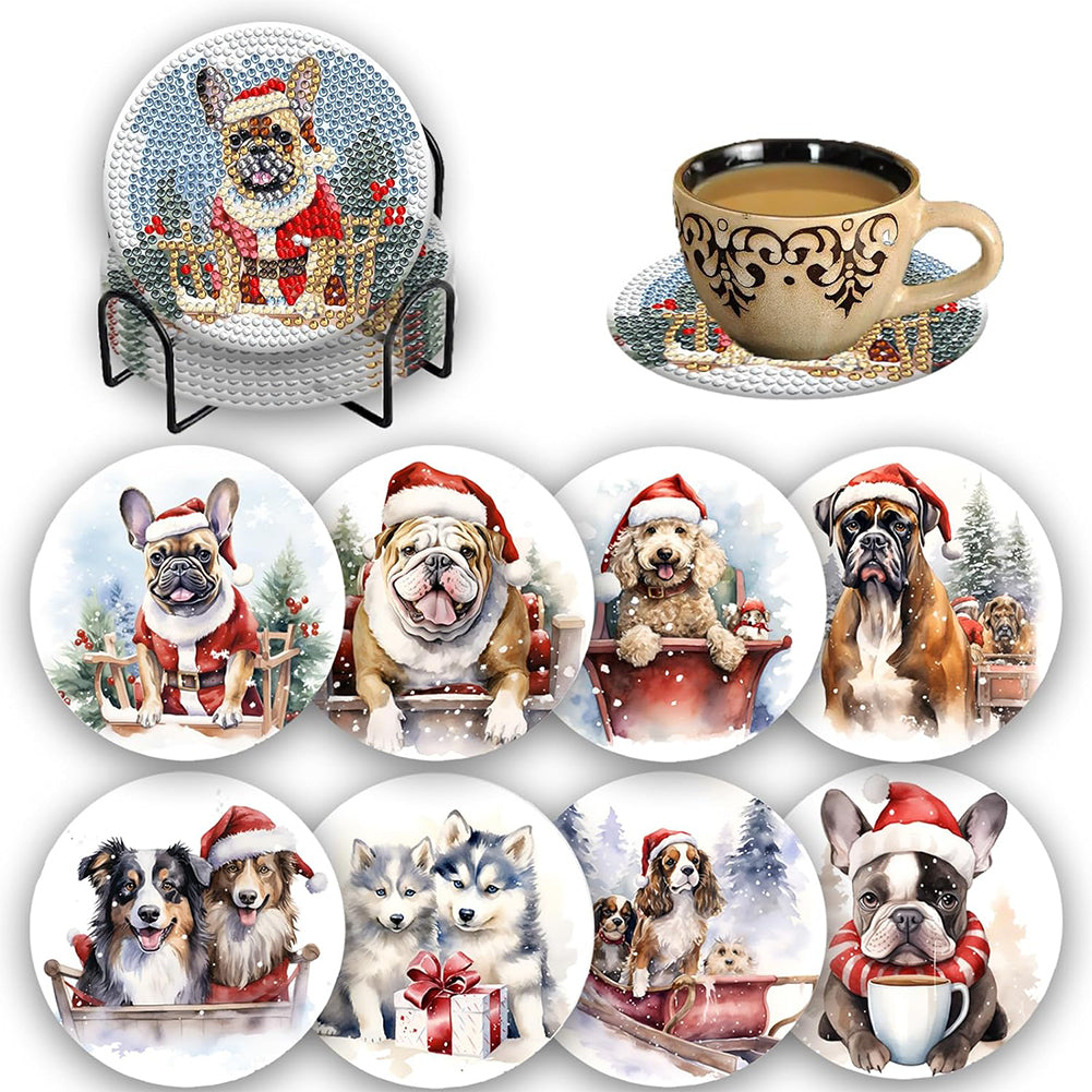 8PCS Diamond Painting Art Coaster Kit with Holder (Christmas Puppy)