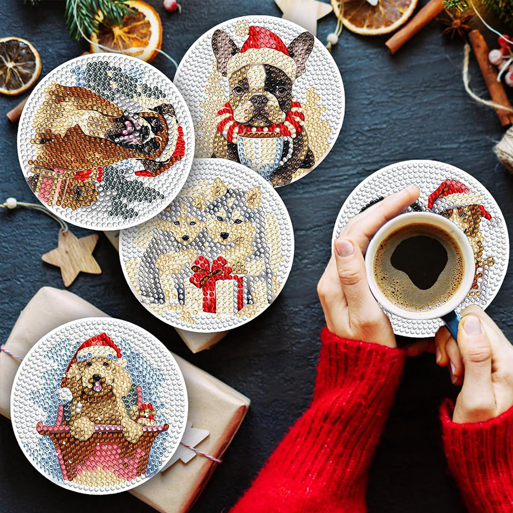 8PCS Diamond Painting Art Coaster Kit with Holder (Christmas Puppy)