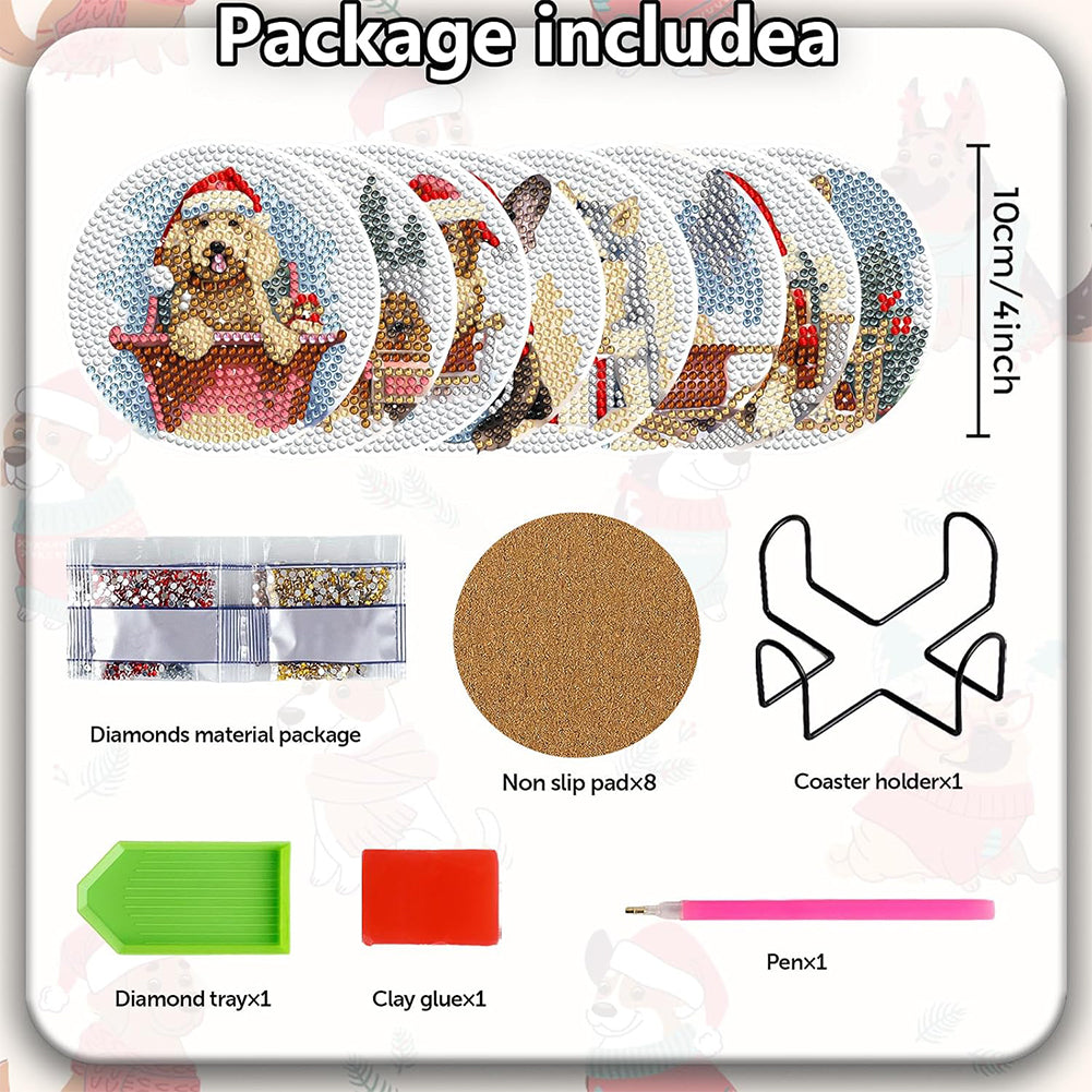 8PCS Diamond Painting Art Coaster Kit with Holder (Christmas Puppy)