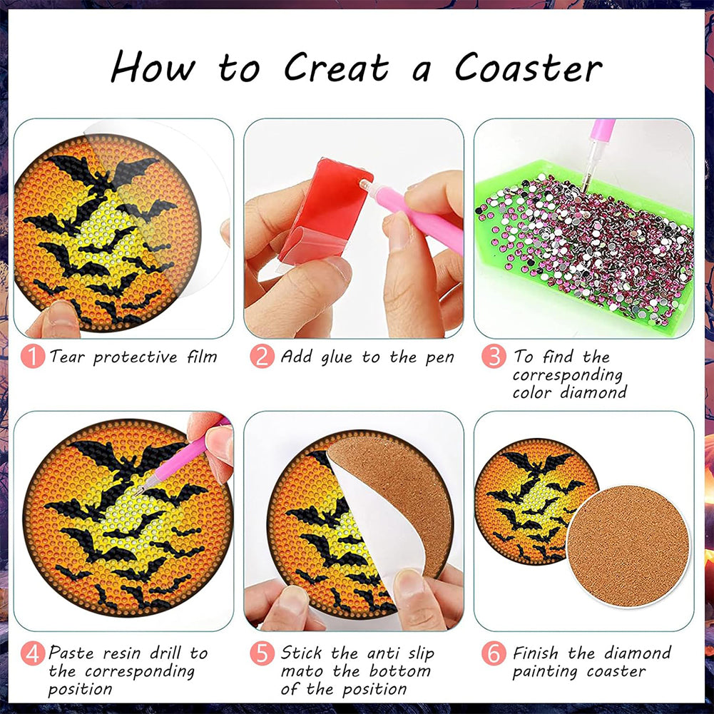 8PCS Diamond Painting Coasters Kits with Holder (Halloween Character)
