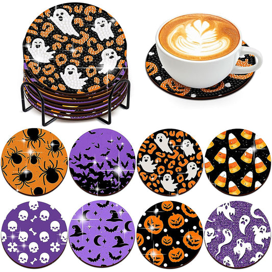 8PCS Diamond Painting Coasters Kits with Holder (Halloween Pattern)