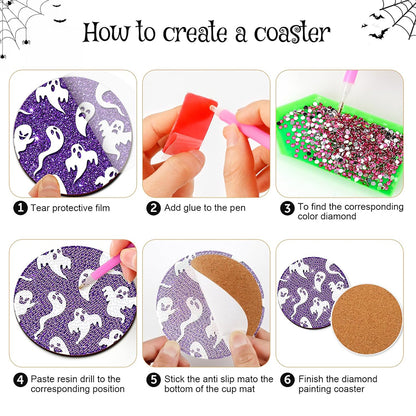 8PCS Diamond Painting Coasters Kits with Holder (Halloween Pattern)