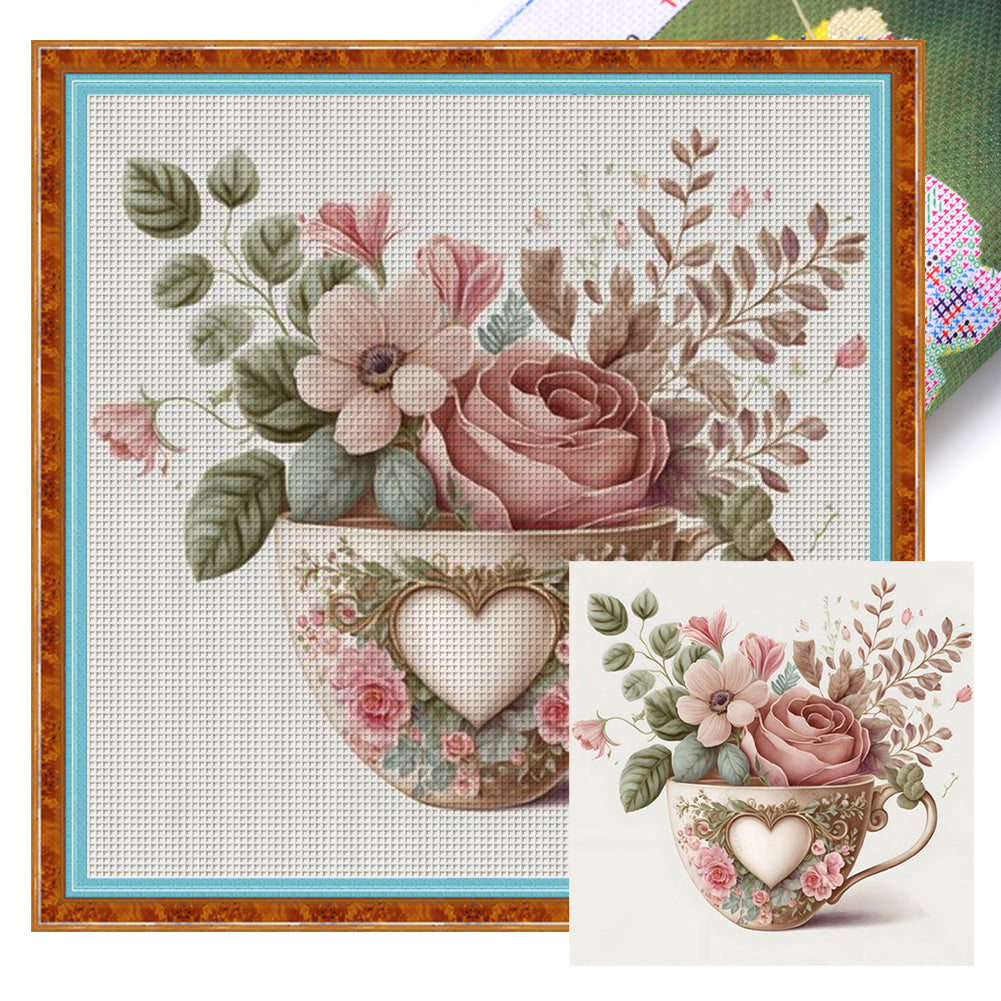 Flowers In Cup - 11CT Stamped Cross Stitch 40*40CM