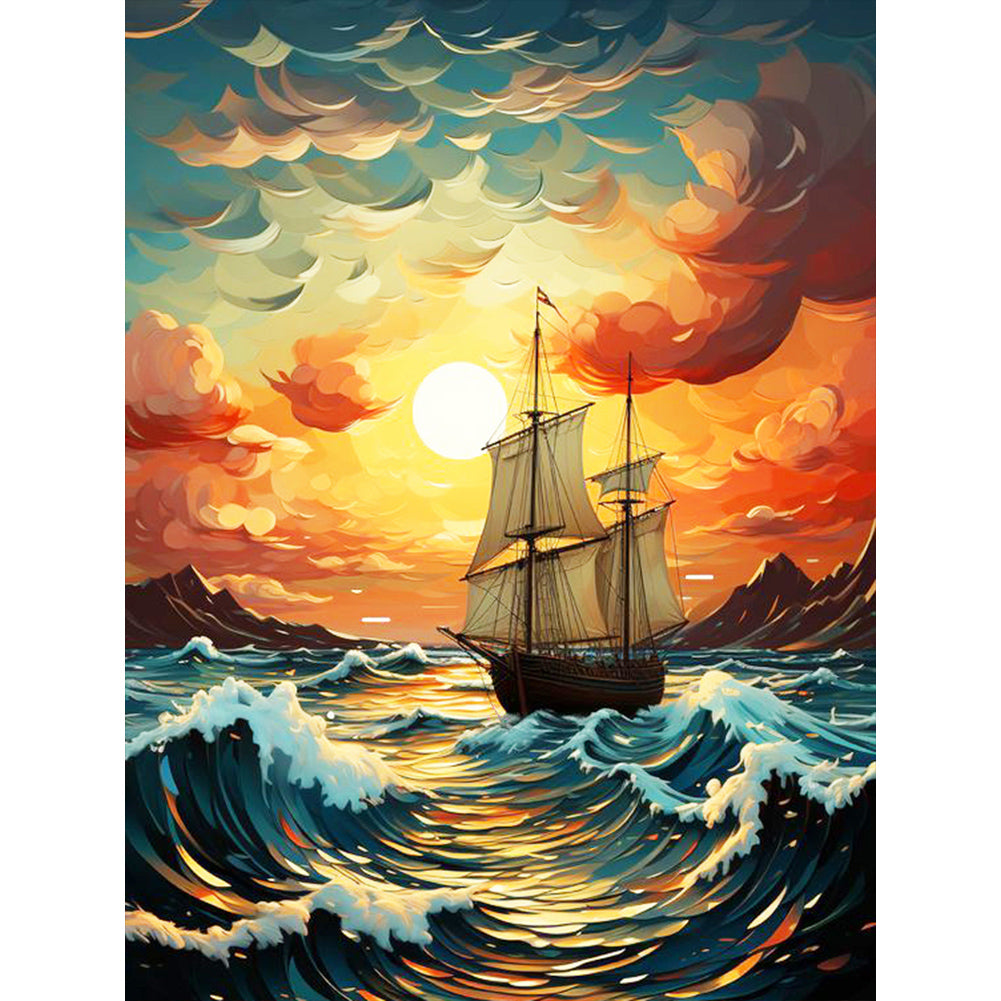 Sunset And Voyage On The Sea - Full Round Drill Diamond Painting 30*40CM