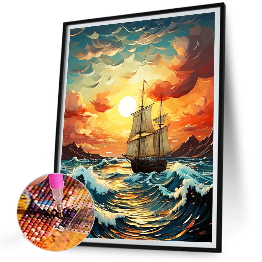 Sunset And Voyage On The Sea - Full Round Drill Diamond Painting 30*40CM