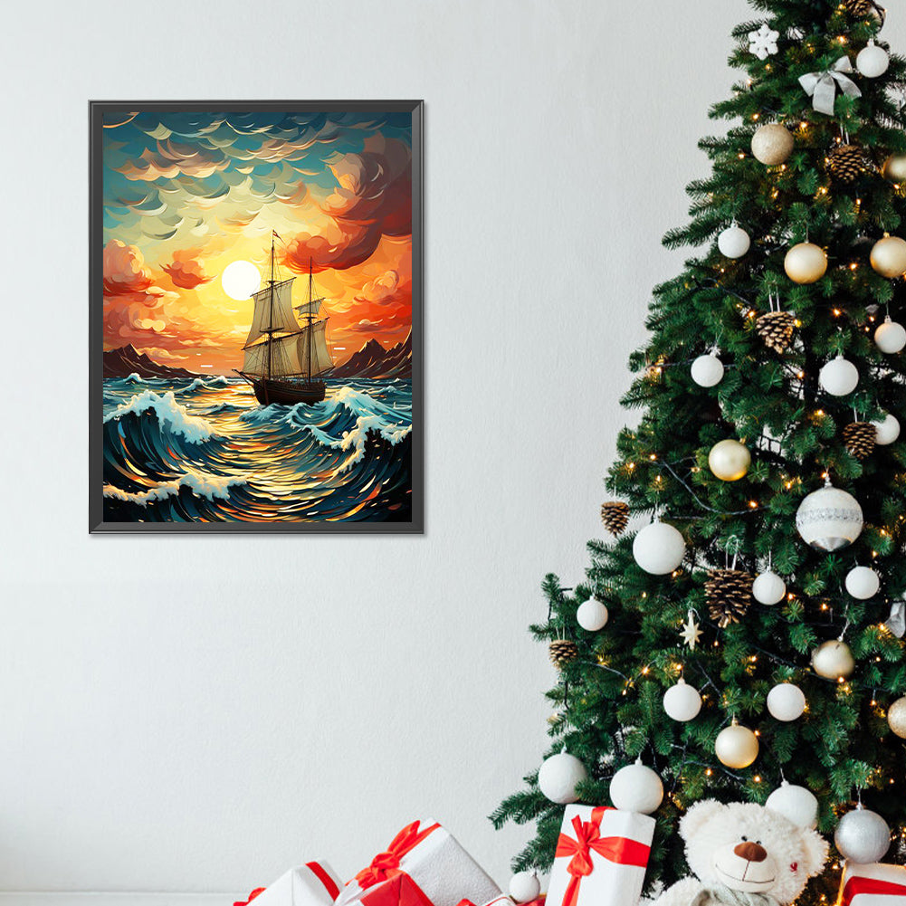 Sunset And Voyage On The Sea - Full Round Drill Diamond Painting 30*40CM