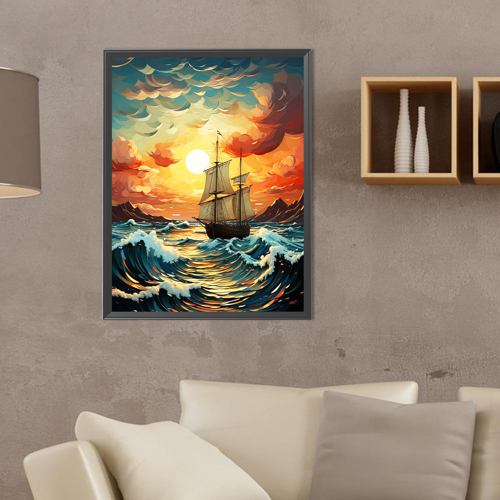 Sunset And Voyage On The Sea - Full Round Drill Diamond Painting 30*40CM