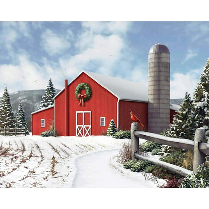 Red Christmas Barn - Full Round Drill Diamond Painting 50*40CM