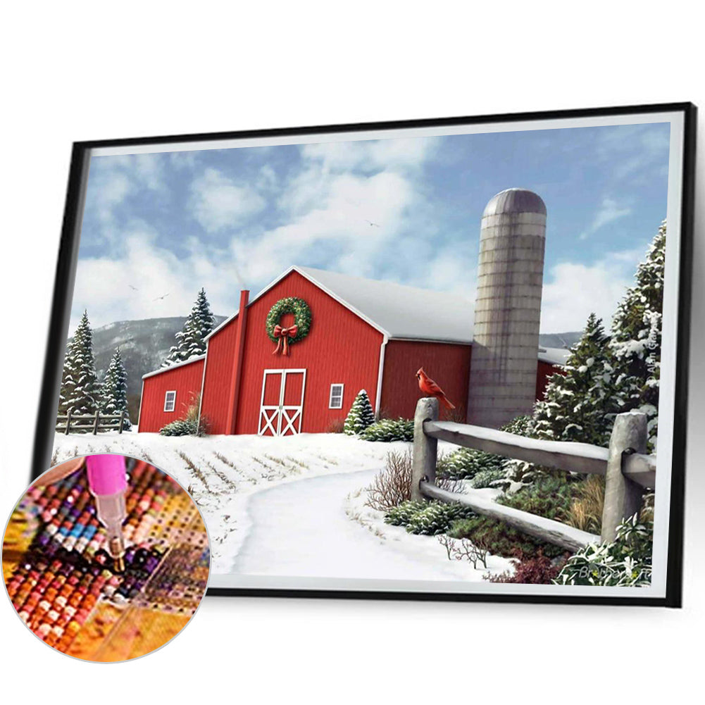 Red Christmas Barn - Full Round Drill Diamond Painting 50*40CM