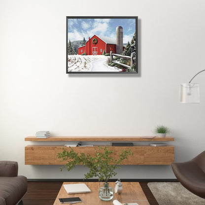 Red Christmas Barn - Full Round Drill Diamond Painting 50*40CM