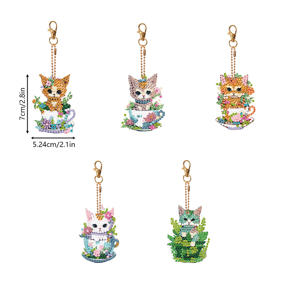 5PCS Double Sided Diamond Art Keyring Cup Cat for Adult Kid Purse Handbag Decor