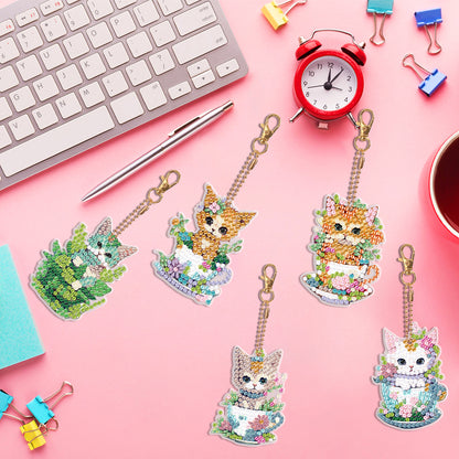 5PCS Double Sided Diamond Art Keyring Cup Cat for Adult Kid Purse Handbag Decor