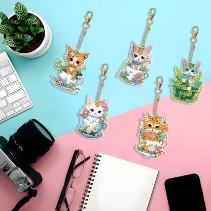 5PCS Double Sided Diamond Art Keyring Cup Cat for Adult Kid Purse Handbag Decor