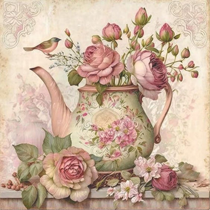 Pink Flower Teapot - Full Round Drill Diamond Painting 40*40CM