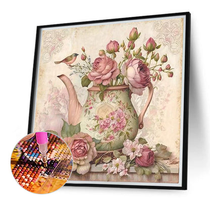 Pink Flower Teapot - Full Round Drill Diamond Painting 40*40CM