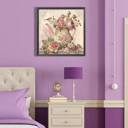 Pink Flower Teapot - Full Round Drill Diamond Painting 40*40CM