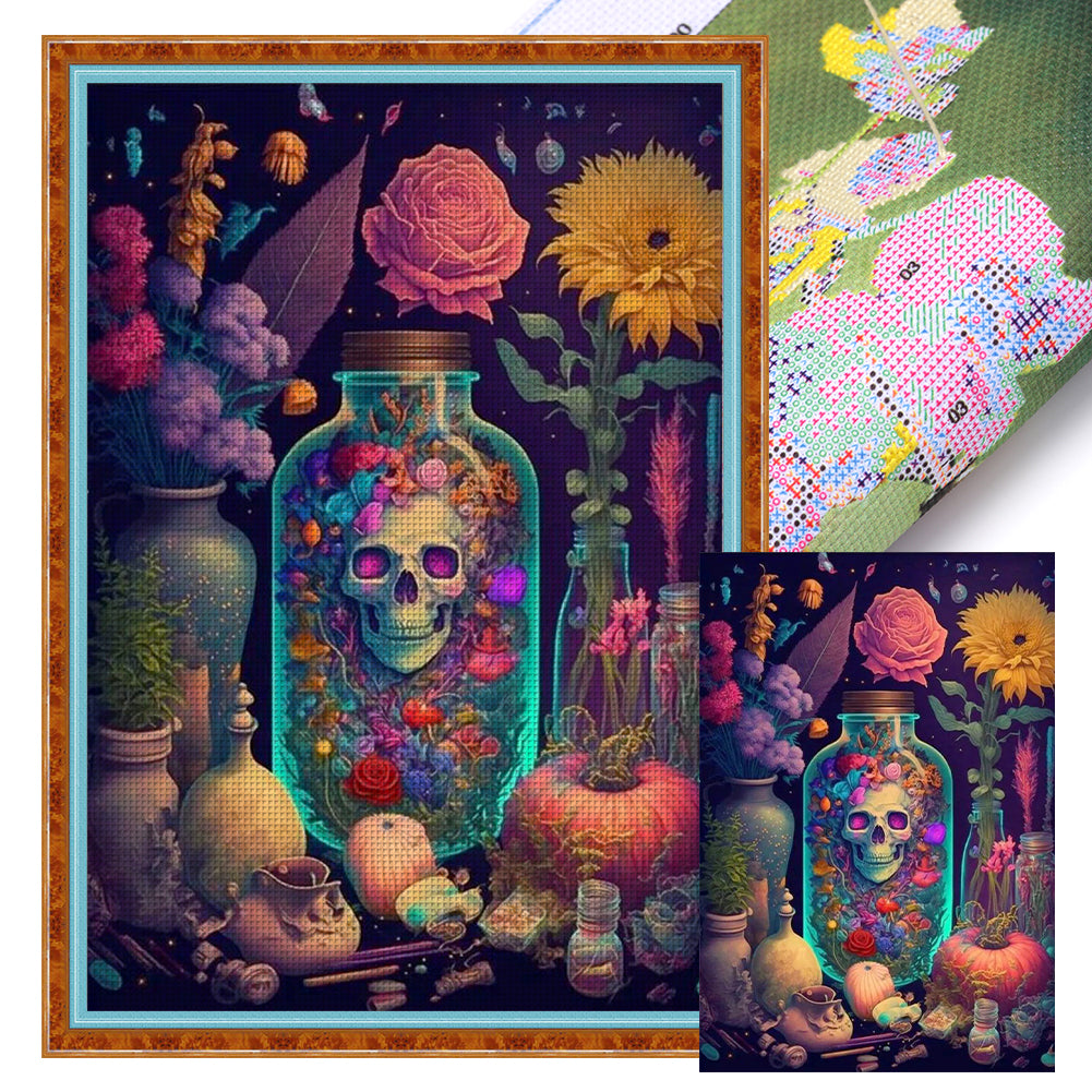 Flowers And Skull In A Bottle - 11CT Stamped Cross Stitch 50*70CM