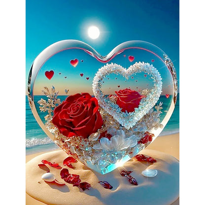 Heart Shaped Crystal On The Beach - Full Round Drill Diamond Painting 30*40CM