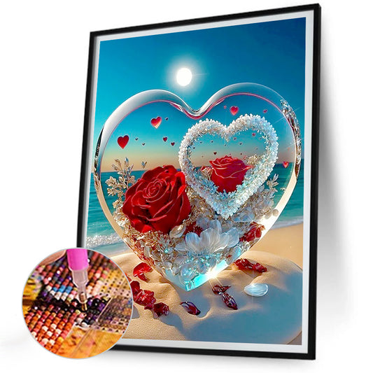 Heart Shaped Crystal On The Beach - Full Round Drill Diamond Painting 30*40CM