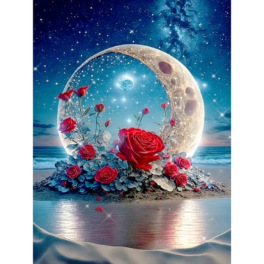 Red Rose Under The Moon - Full Round Drill Diamond Painting 30*40CM