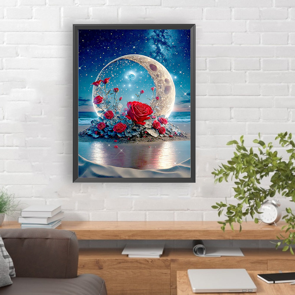 Red Rose Under The Moon - Full Round Drill Diamond Painting 30*40CM