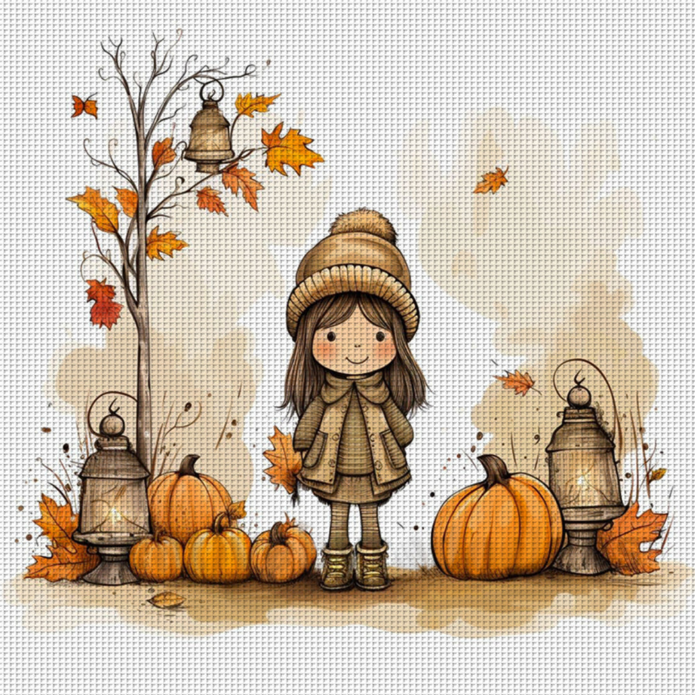 Girl And Pumpkin - 11CT Stamped Cross Stitch 50*50CM