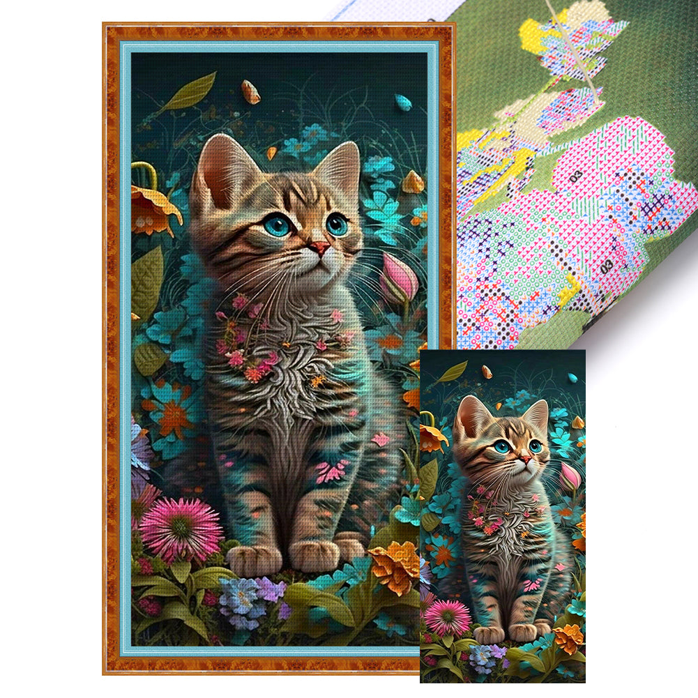 Cat In Flowers - 11CT Stamped Cross Stitch 30*60CM