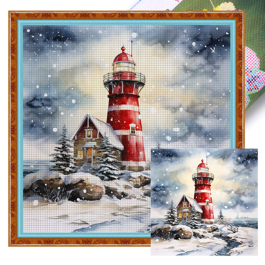 Lighthouse On The Beach In Snowy Day - 11CT Stamped Cross Stitch 40*40CM