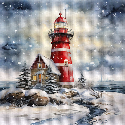 Lighthouse On The Beach In Snowy Day - 11CT Stamped Cross Stitch 40*40CM