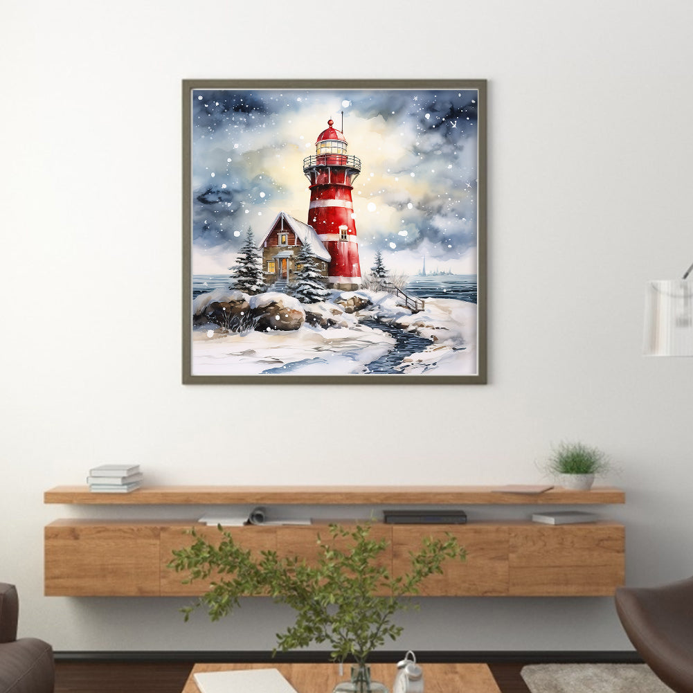 Lighthouse On The Beach In Snowy Day - 11CT Stamped Cross Stitch 40*40CM