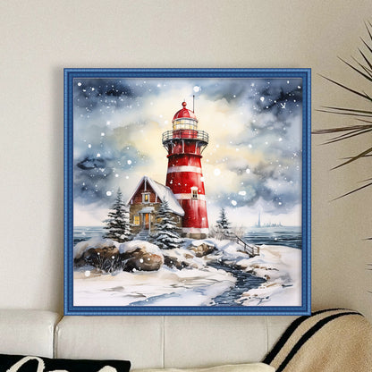 Lighthouse On The Beach In Snowy Day - 11CT Stamped Cross Stitch 40*40CM