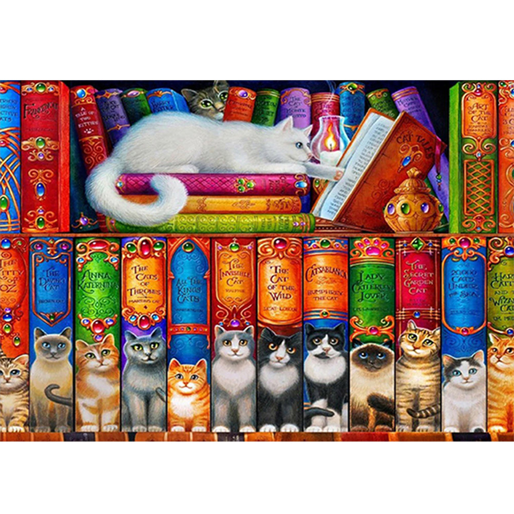 Cat On Bookshelf - 11CT Stamped Cross Stitch 50*37CM