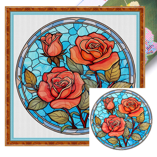 Glass Painting-Rose - 18CT Stamped Cross Stitch 25*25CM